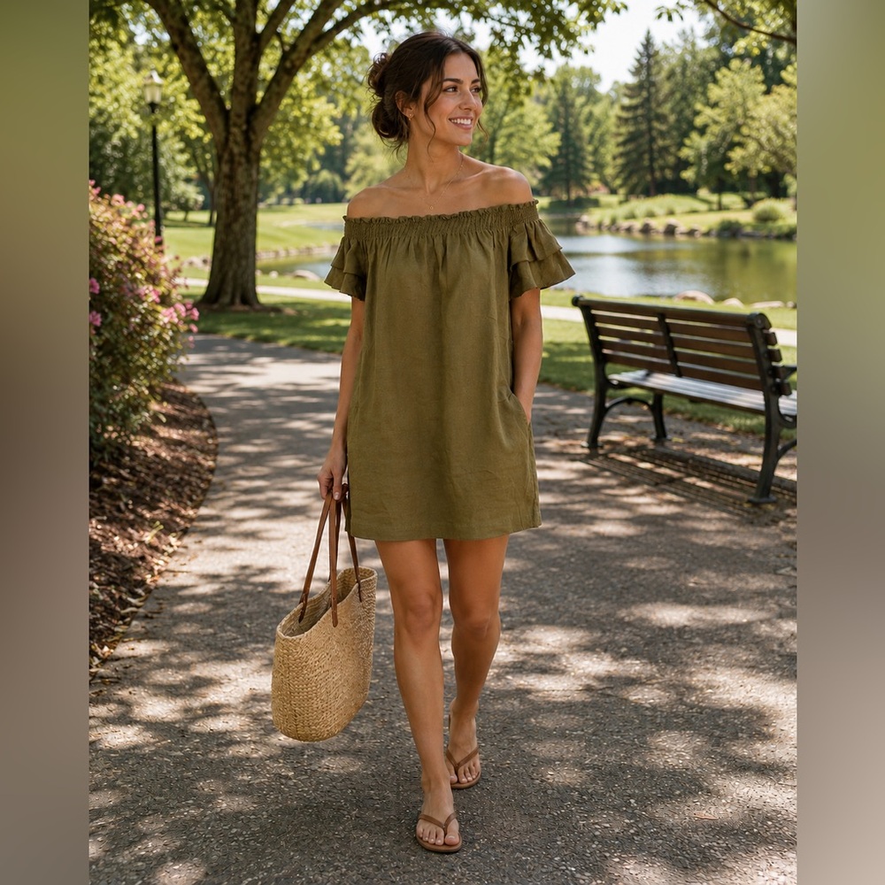 New with tags Chase off the shoulder dress, olive/army green color, size medium